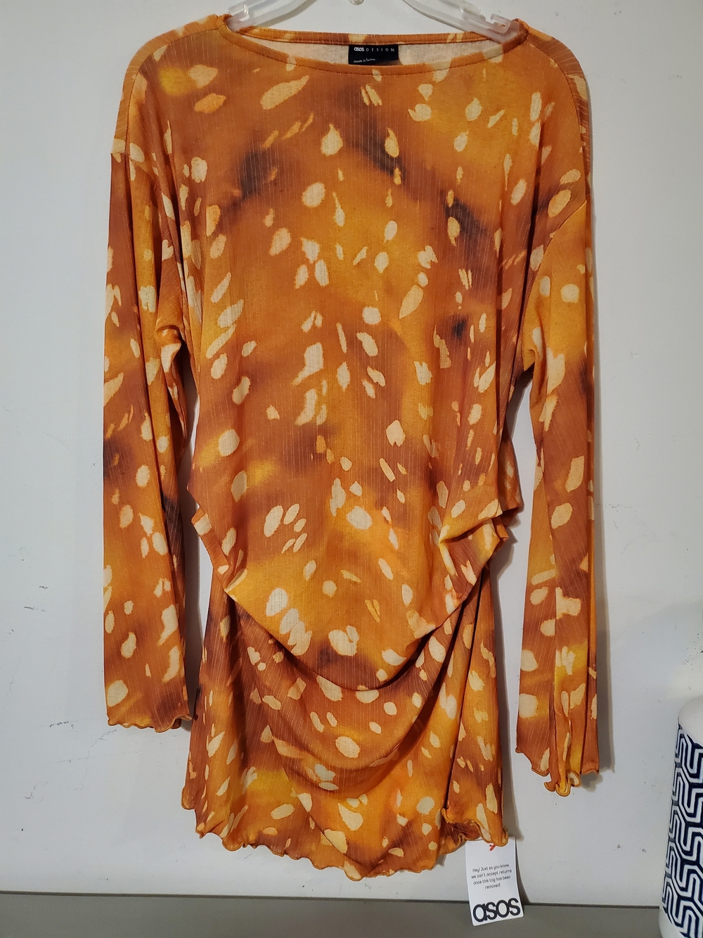 ASOS Orange Tie-Dye Long Sleeve Sheer Ruched Tunic Top